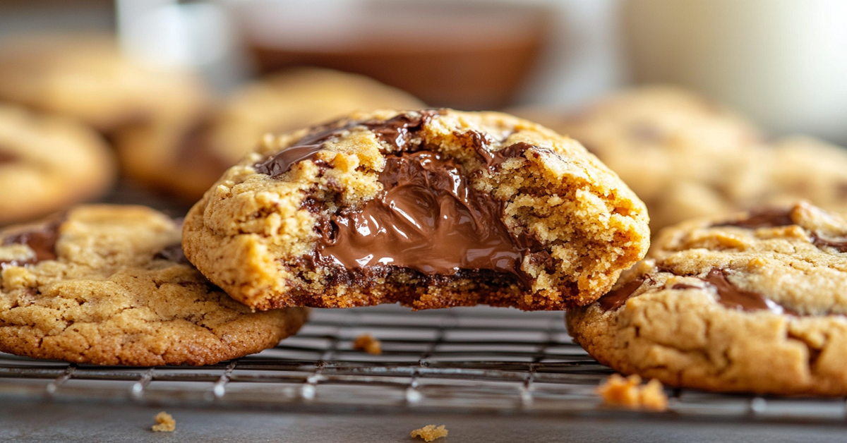 Close-up of a Nutella-stuffed cookie, broken open to reveal its gooey chocolate hazelnut filling.