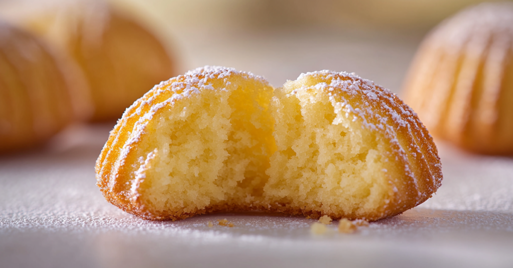 Close-up of a broken madeleine cookie showing its soft, moist, and airy interior with a delicate crumb.