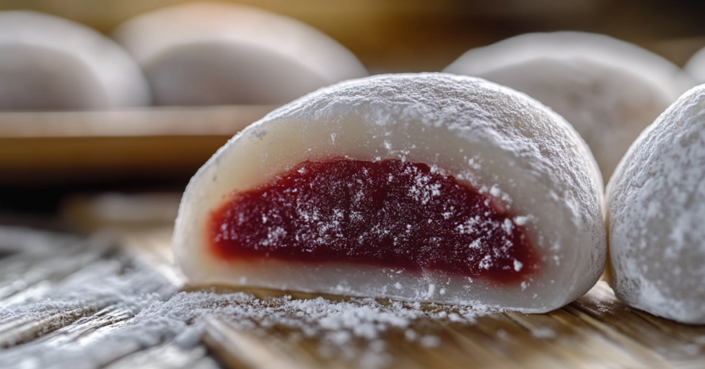 Close-up of a soft, chewy Japanese mochi with a sweet red bean filling, dusted with cornstarch and placed on a bamboo tray.