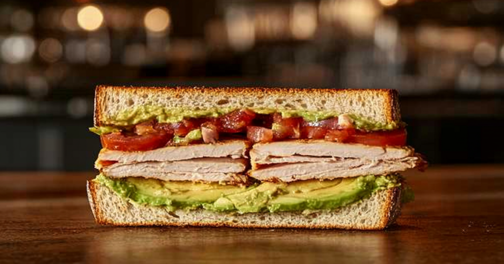 Close-up of a gourmet turkey and avocado sandwich on toasted sourdough, with lettuce and tomato.