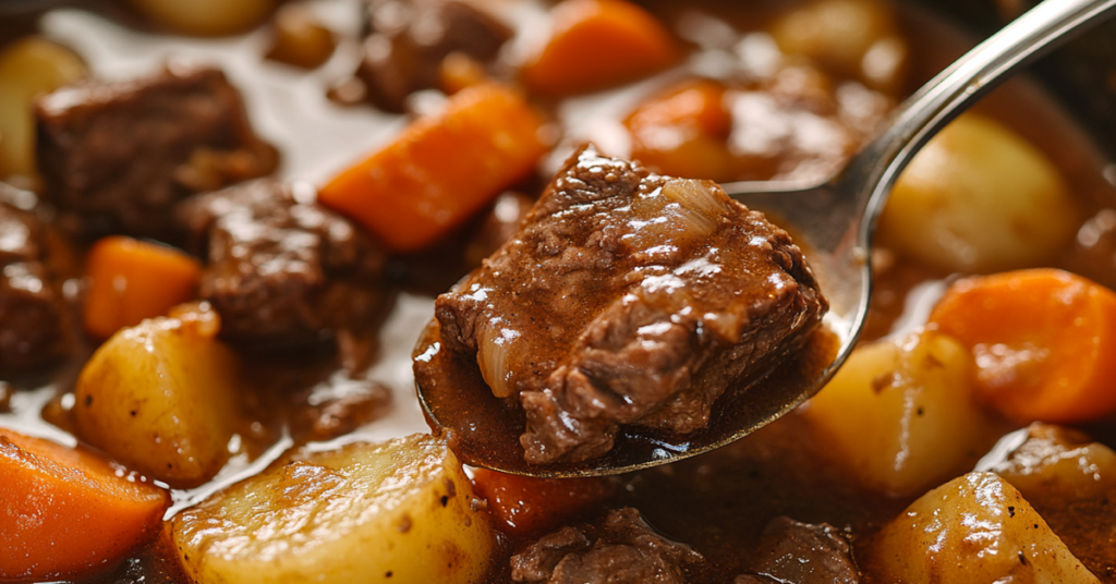 Close-up of slow cooker beef stew with tender chunks of beef, carrots, and potatoes in a rich, thick gravy.