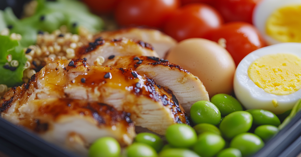 Close-up of a high-protein bento box with grilled chicken, quinoa, edamame, cherry tomatoes, and a boiled egg.