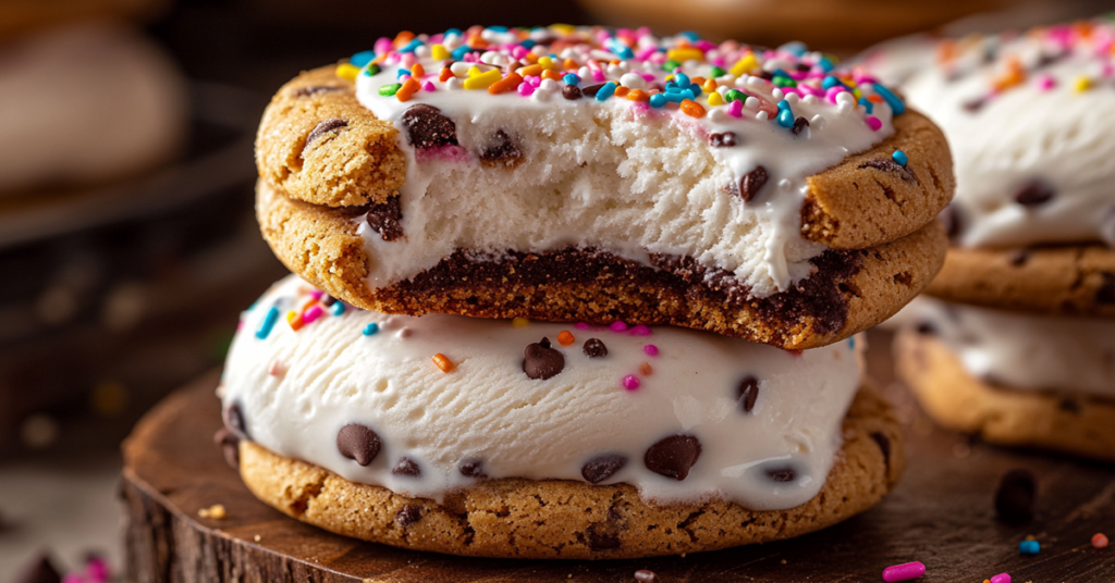 Close-up of a homemade ice cream sandwich with thick vanilla ice cream between chewy chocolate chip cookies, rolled in sprinkles.