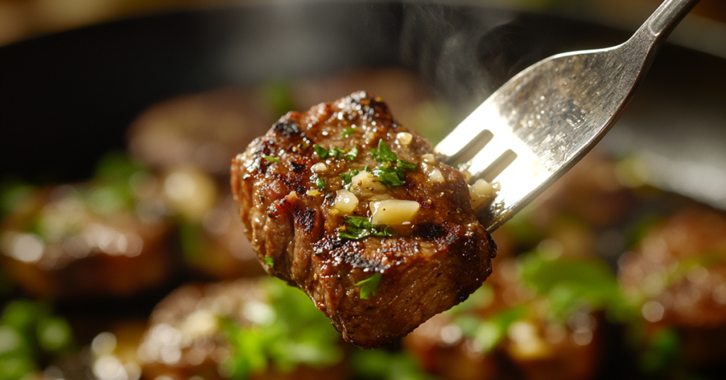 Close-up of a juicy garlic steak bite on a fork, glistening with butter and seared to perfection.