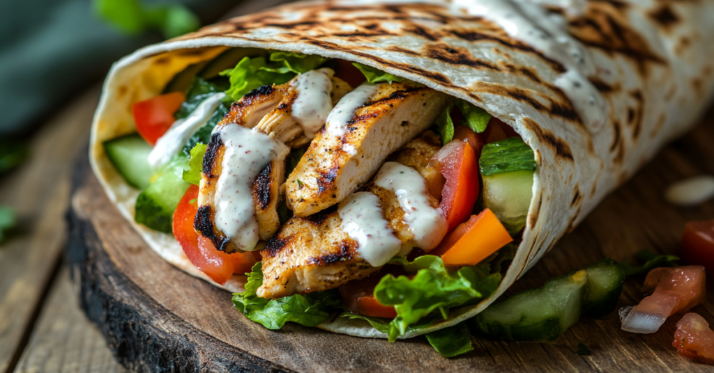 Close-up of a grilled chicken wrap with juicy chicken, fresh veggies, and creamy garlic sauce, wrapped in a lightly toasted tortilla.