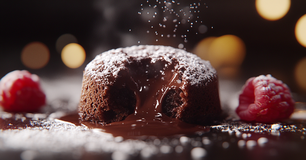 Close-up of a mini chocolate lava cake with a gooey melted center, dusted with powdered sugar and topped with a raspberry.