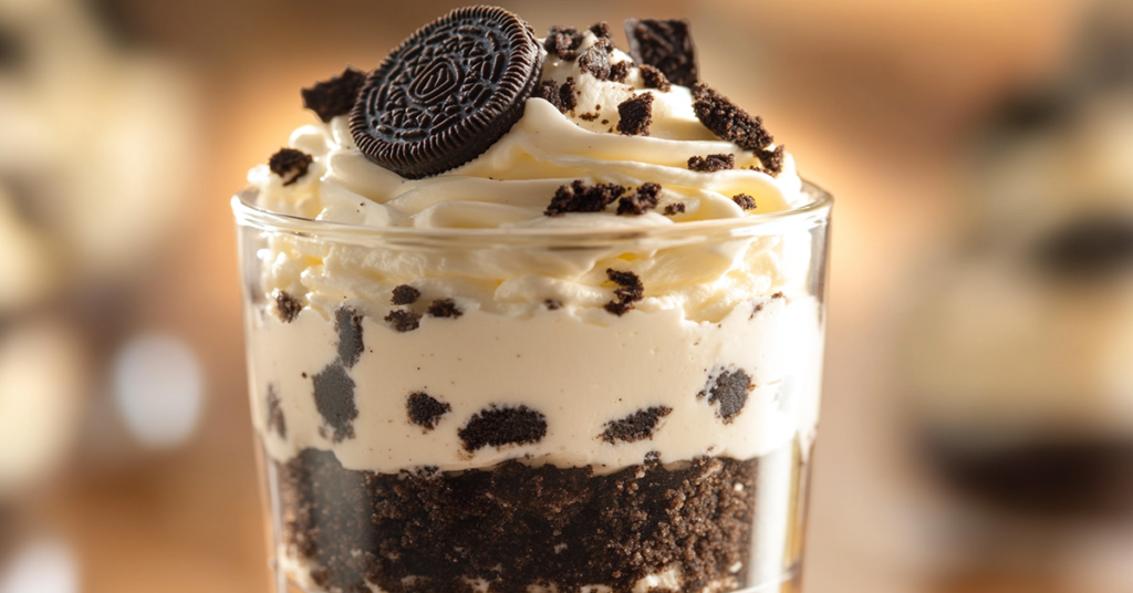 Close-up of a no-bake Oreo cheesecake cup with layers of crushed Oreos, creamy cheesecake filling, and whipped topping.