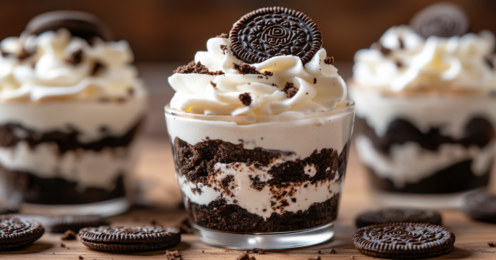 Close-up of a no-bake Oreo cheesecake cup with layers of crushed cookies, creamy cheesecake filling, and whipped topping.