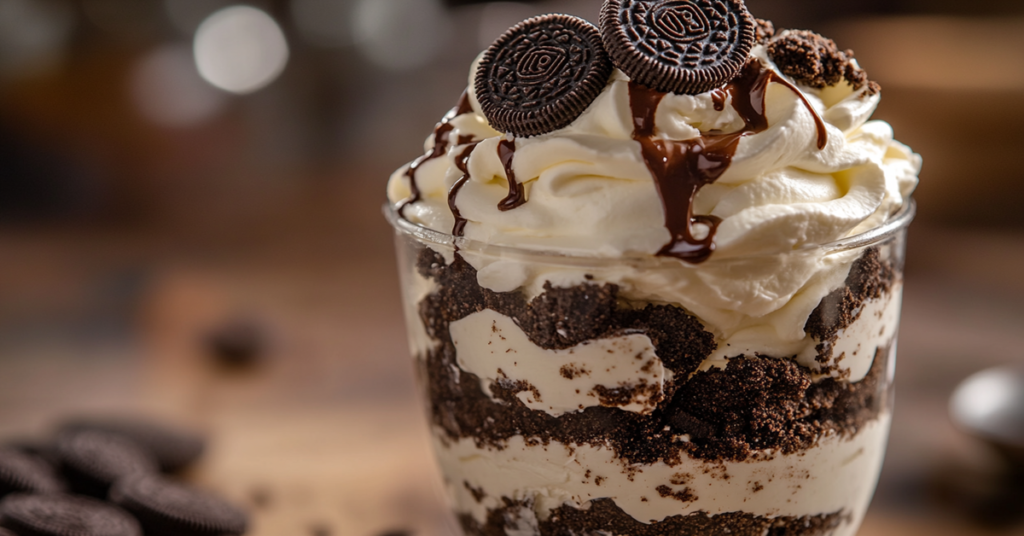 Close-up of a no-bake Oreo cream cheese dessert with layers of crushed Oreos, creamy filling, and chocolate drizzle.