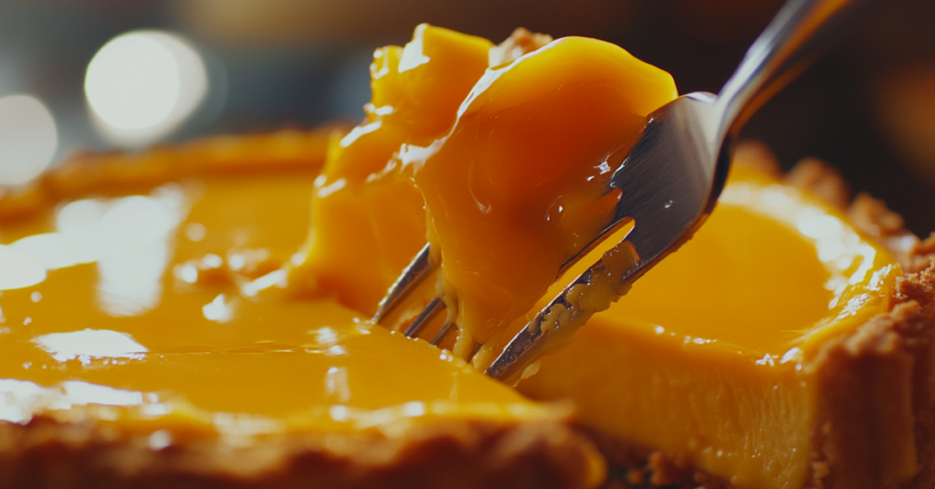 A scoop of homemade mango sorbet served in a hollowed mango shell, garnished with mint leaves.