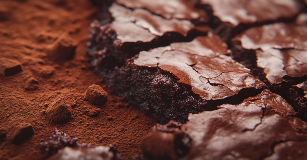 Close-up of a fudgy flourless chocolate brownie with a glossy, crackly top and gooey interior.