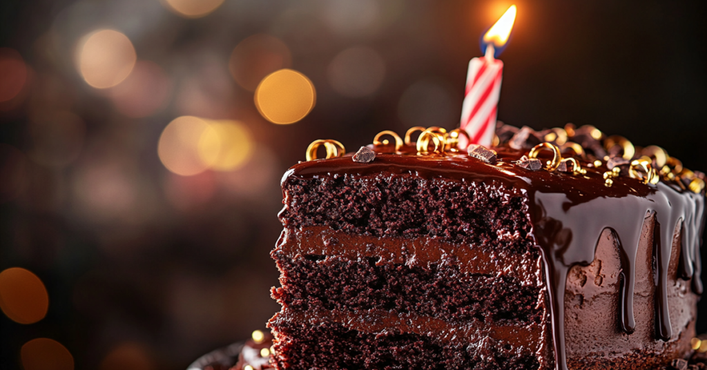 Close-up of a rich chocolate birthday cake with dripping ganache, chocolate curls, and a lit birthday candle.
