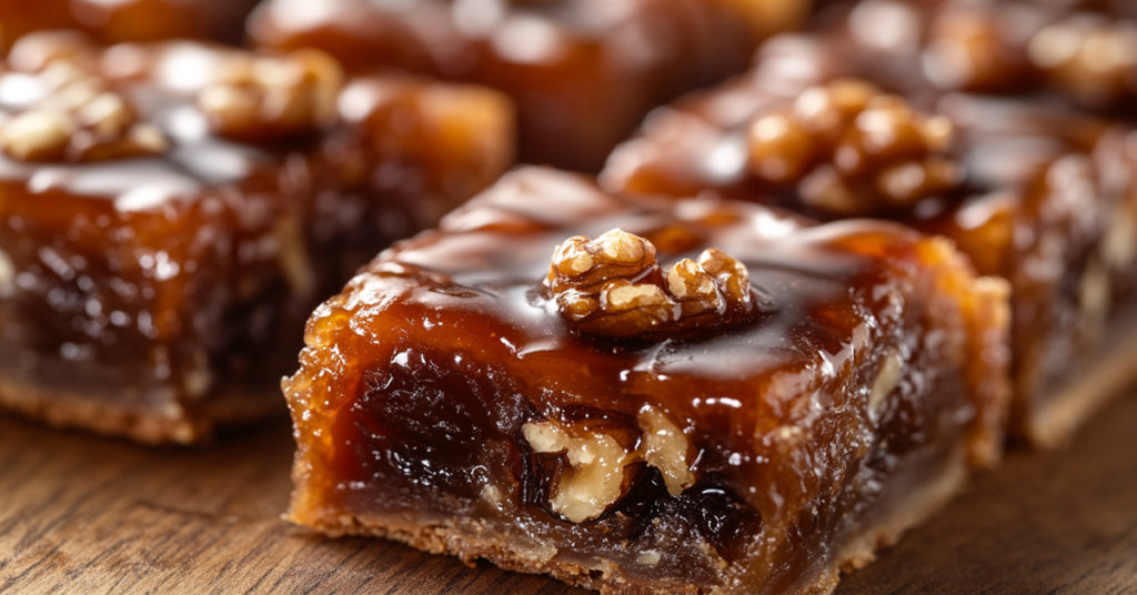 Close-up of a sticky date and walnut bar with a caramelized top, cut into squares on a rustic wooden board.