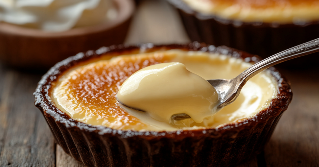 Close-up of a smooth, buttery carnivore egg custard with a spoon revealing its silky texture.