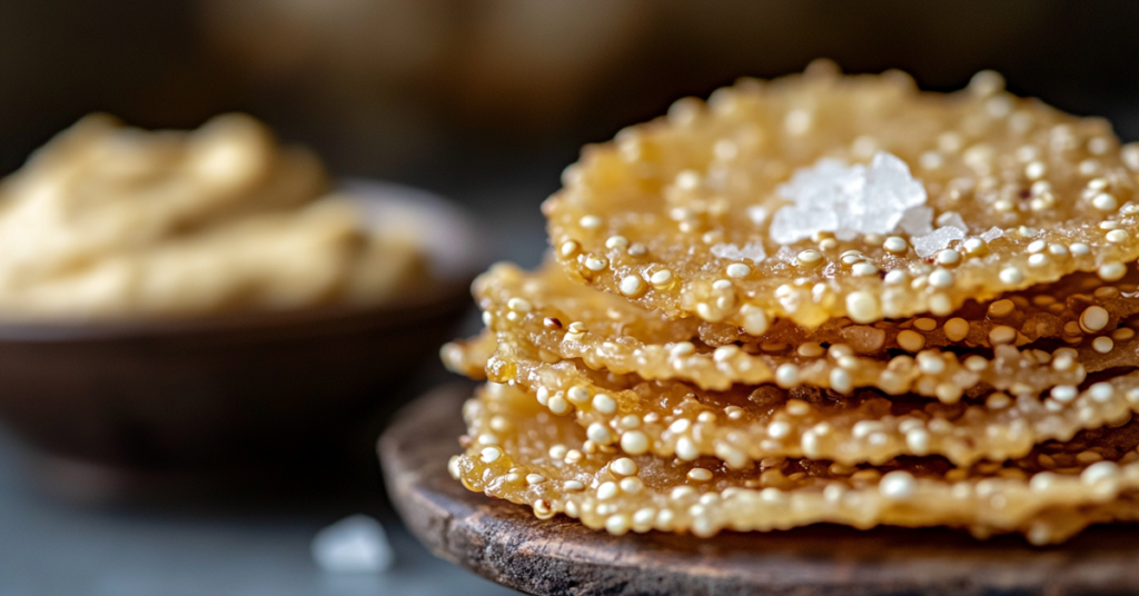 Close-up of a crispy quinoa chip with a bubbled texture and golden color, lightly sprinkled with sea salt.