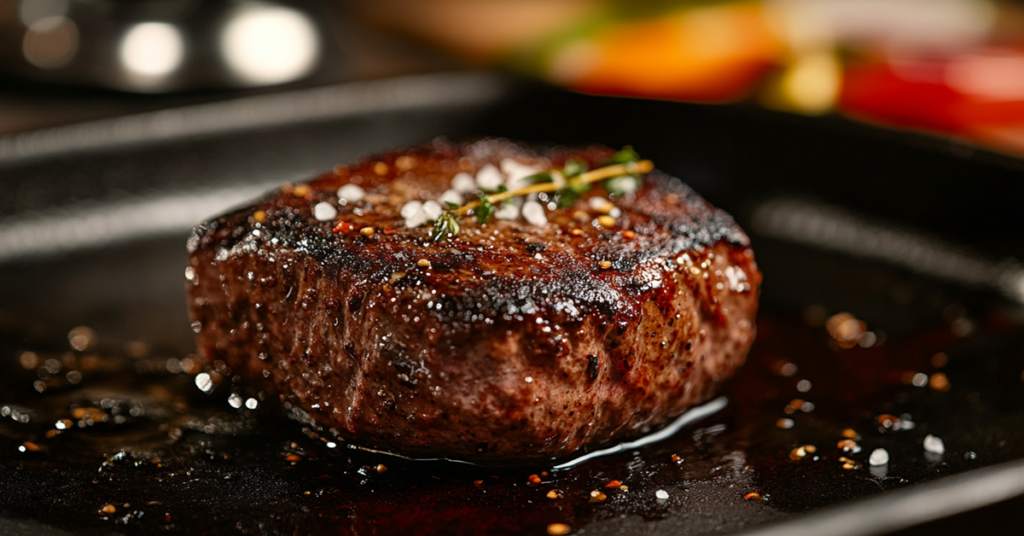 Close-up of a sizzling bison burger patty with a golden-brown sear, cooked on a cast-iron skillet.