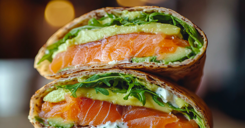 Close-up of a smoked salmon avocado wrap with arugula and Greek yogurt dressing, served in a whole wheat tortilla.
