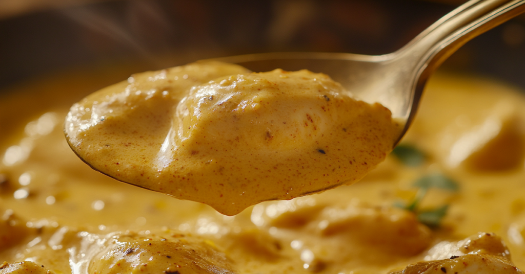 Close-up of a spoon lifting creamy chicken korma, showcasing its thick, golden sauce and tender chicken.