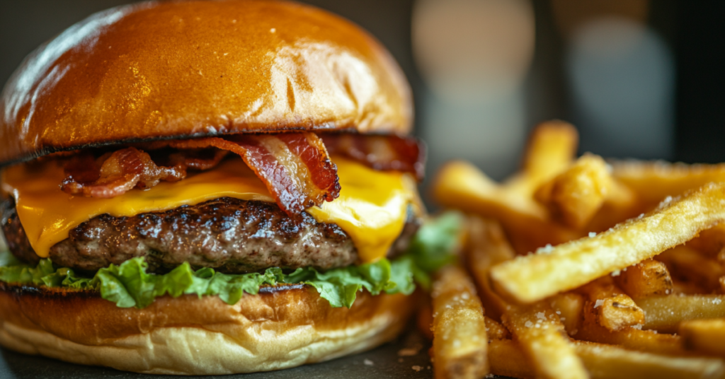 Close-up of a thick cheeseburger with crispy bacon, melted cheddar, and golden fries, highlighting its juicy, flavorful textures.