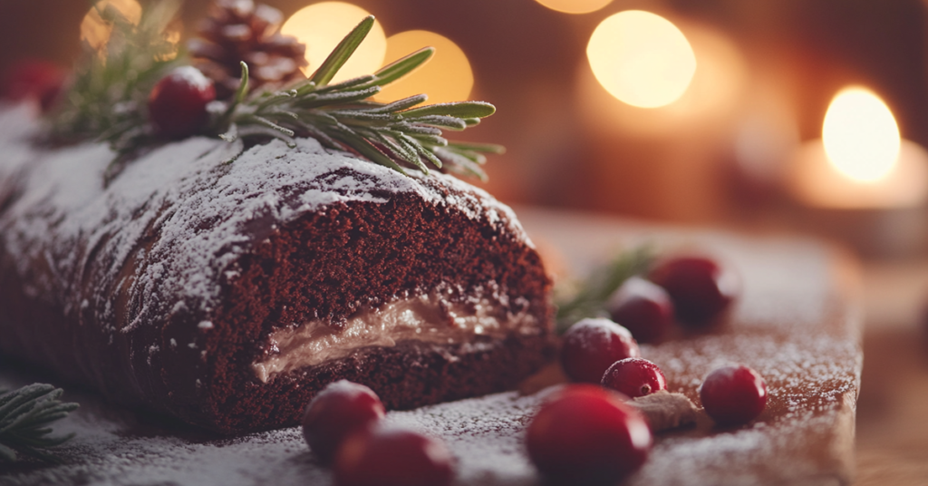 Close-up of a traditional yule log cake with chocolate ganache, powdered sugar, cranberries, and rosemary garnish.