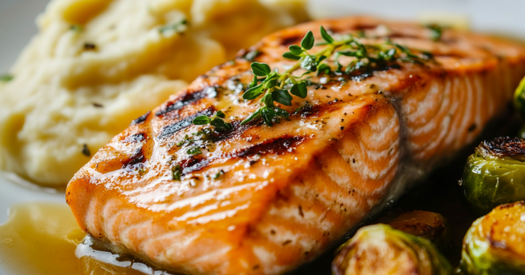 Close-up of a gluten-free dinner with grilled salmon, garlic-roasted Brussels sprouts, and mashed sweet potatoes, plated with fresh herbs.