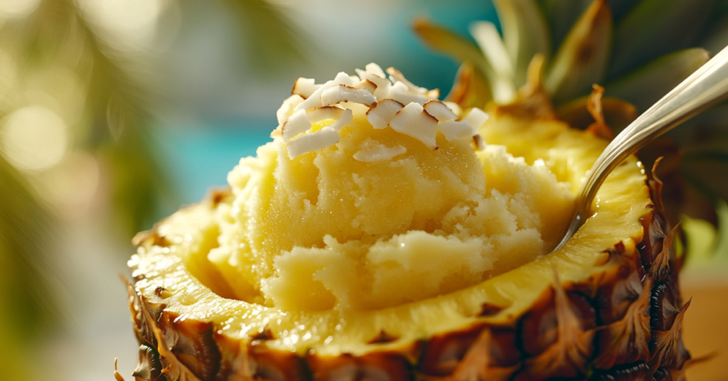 Close-up of creamy pineapple sorbet served inside a hollowed pineapple, garnished with coconut flakes.