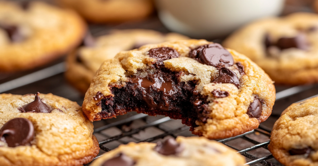 Close-up of air fryer chocolate chip cookies with crispy edges and a gooey melted chocolate center.