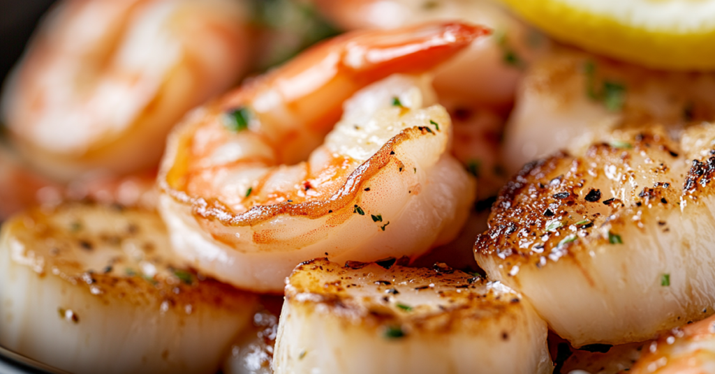 Close-up of juicy, perfectly cooked shrimp and seared scallops, highlighting their textures and caramelized crust.
