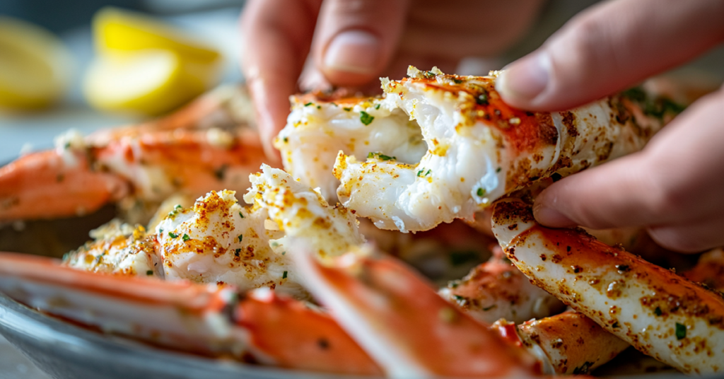 Close-up of crab legs coated in spicy garlic butter sauce, cracked open to reveal tender white meat.