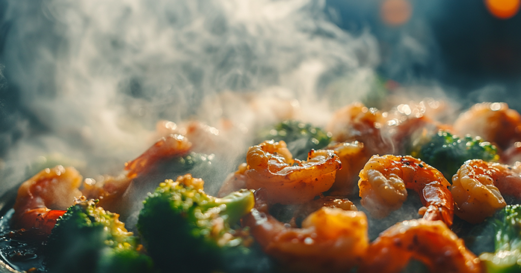 Close-up of shrimp and broccoli coated in a glossy garlic soy sauce, highlighting the dish’s rich flavors and textures.