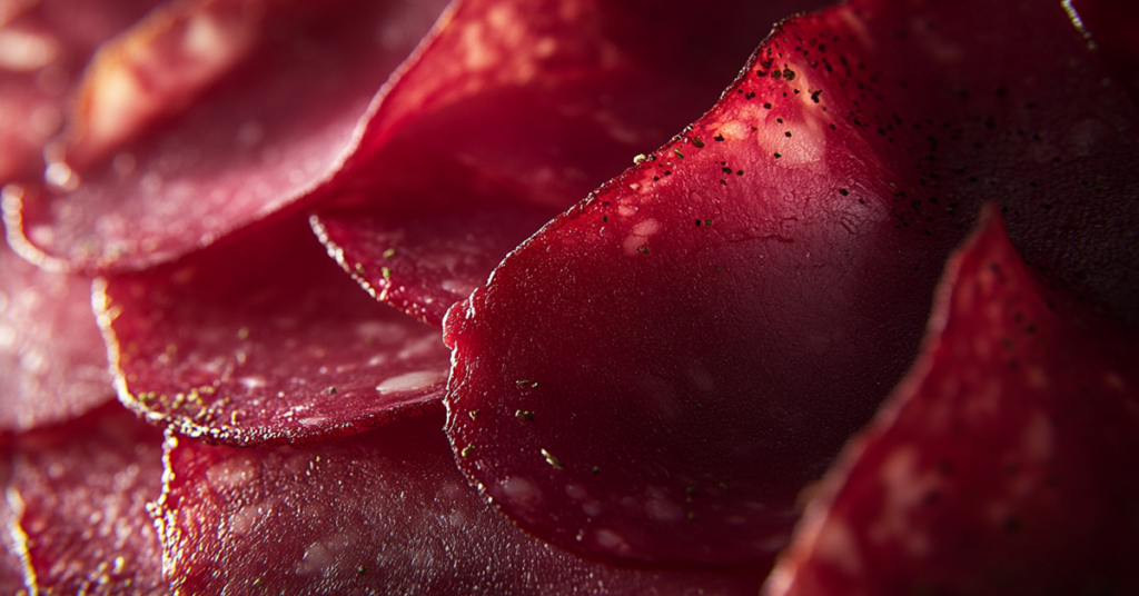 Close-up of thinly sliced beef salami with marbled fat and peppered edges, arranged on a wooden board.