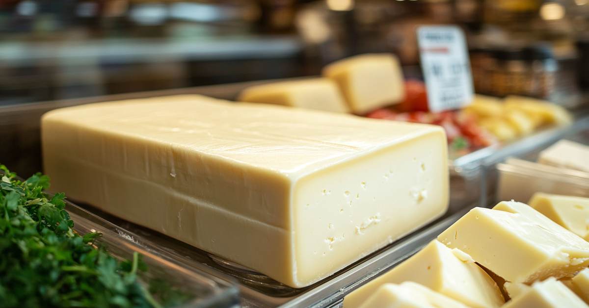 White American cheese block in a deli case with a visible ingredients label, placed beside other sliced cheeses.