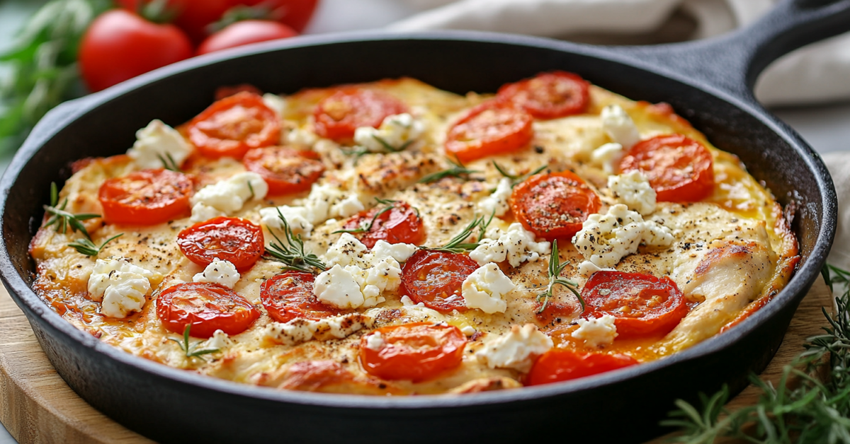 Golden feta chicken bake with tomatoes and herbs in a cast iron skillet, served hot and ready to eat.