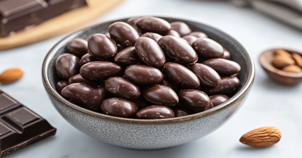 Bowl of glossy dark chocolate-covered almonds on a marble surface with scattered whole almonds and chocolate pieces.