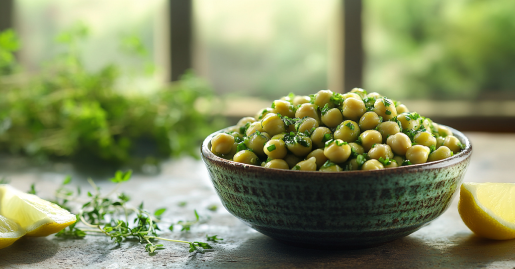Fresh green chickpeas in pods, some opened to reveal tender beans, arranged on a rustic wooden tray.