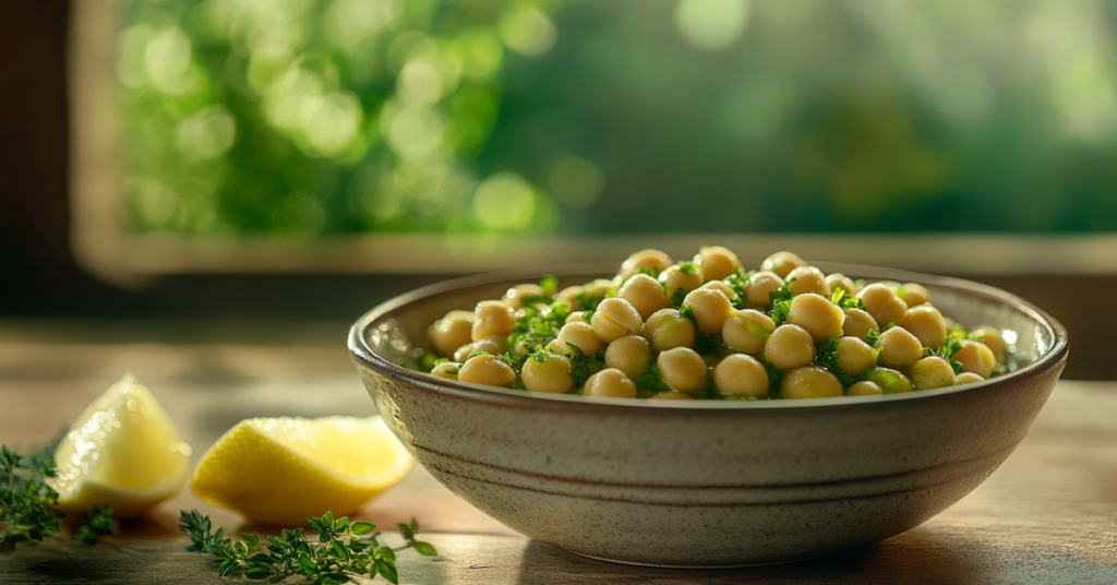 Cooked green chickpeas sautéed with olive oil, garlic, and herbs in a ceramic bowl with lemon wedges.