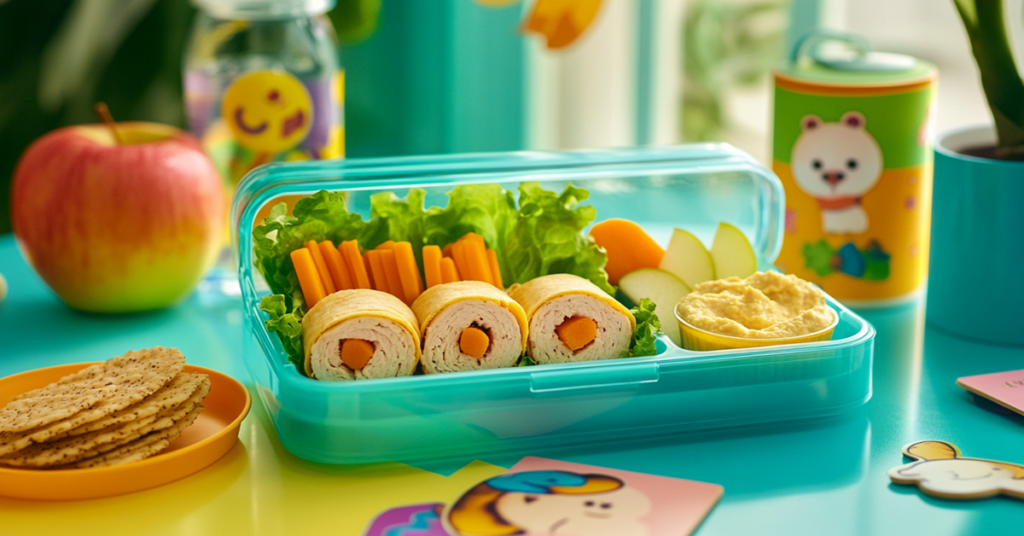 A gluten-free lunchbox for kids with turkey roll-ups, crackers, carrots, apple slices, and hummus in a bright, playful setting.