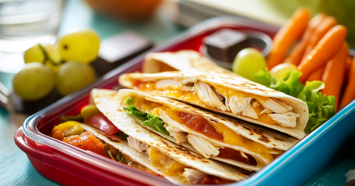 Chicken quesadilla lunchbox with salsa, carrots, grapes, and chocolate, arranged in a colorful teen lunch container.