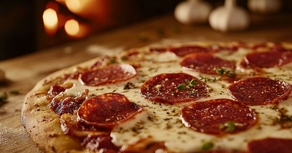 Freshly baked pizza with halal beef pepperoni, melted cheese, and herbs on a wooden pizza peel.