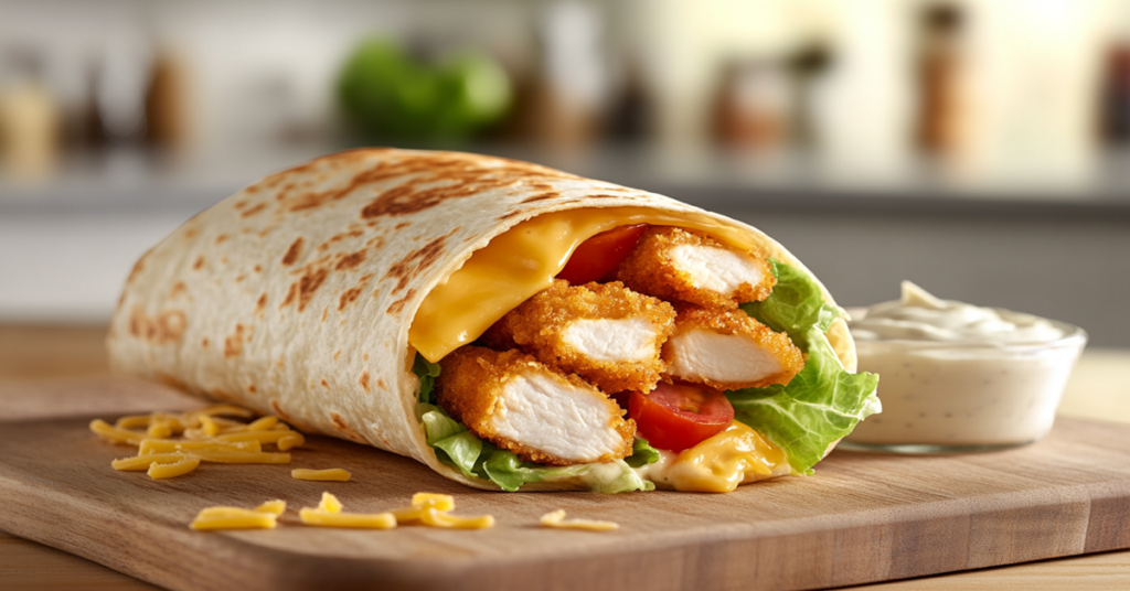 A garlic chicken wrap with melted cheese, lettuce, and tomato in a toasted tortilla, sliced in half on a wooden board.