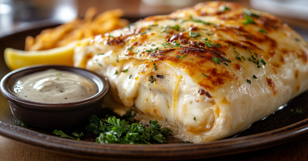 Cheesy garlic chicken wrap served with garlic dipping sauce, parsley garnish, and lemon wedge on a ceramic plate.