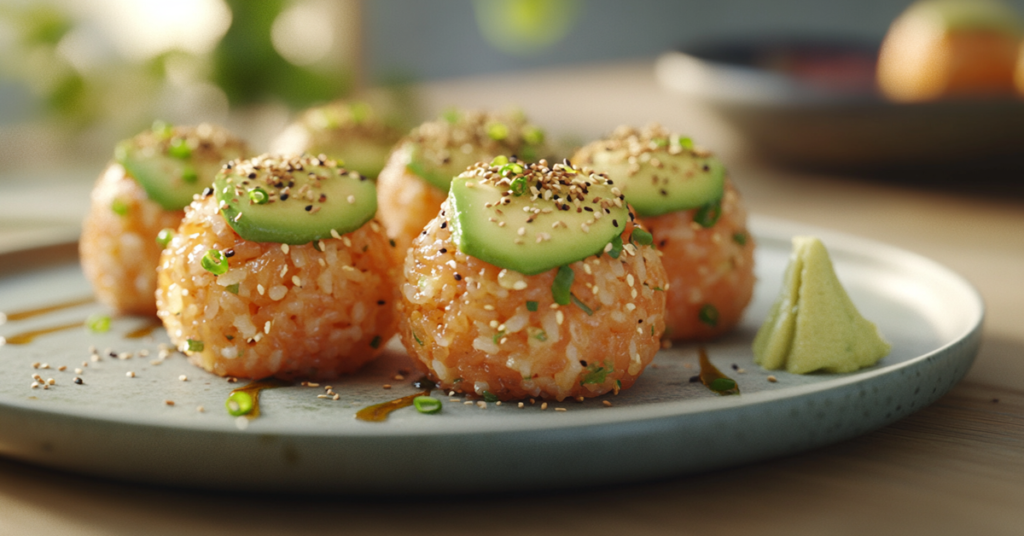 Bite-sized salmon rice balls topped with avocado and furikake, served on a ceramic plate with soy sauce.