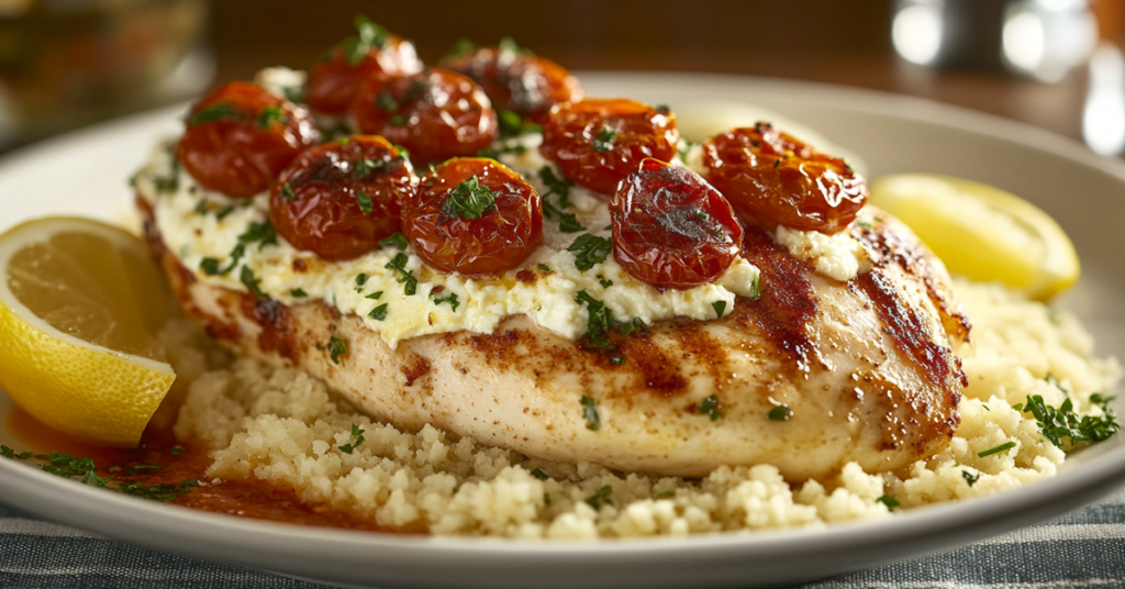Plated feta chicken bake with lemon wedges, herbs, and a side of couscous on a white ceramic plate.