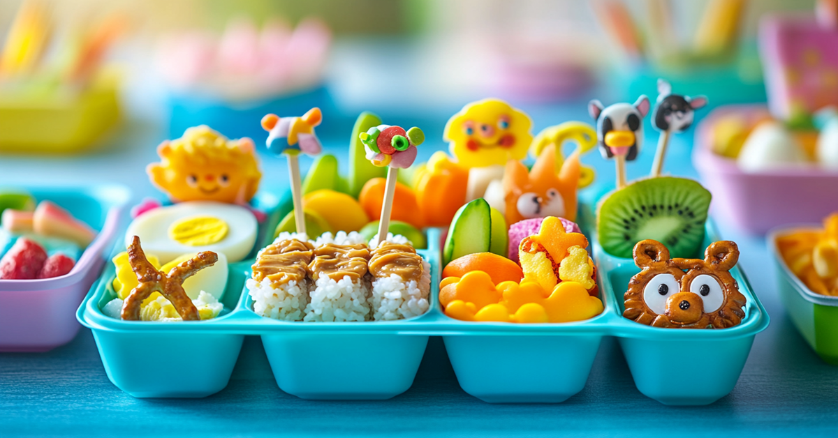 A gluten-free kids’ bento box with rice cakes, veggie sticks, eggs, pretzels, and fruit skewers, arranged with fun accessories.