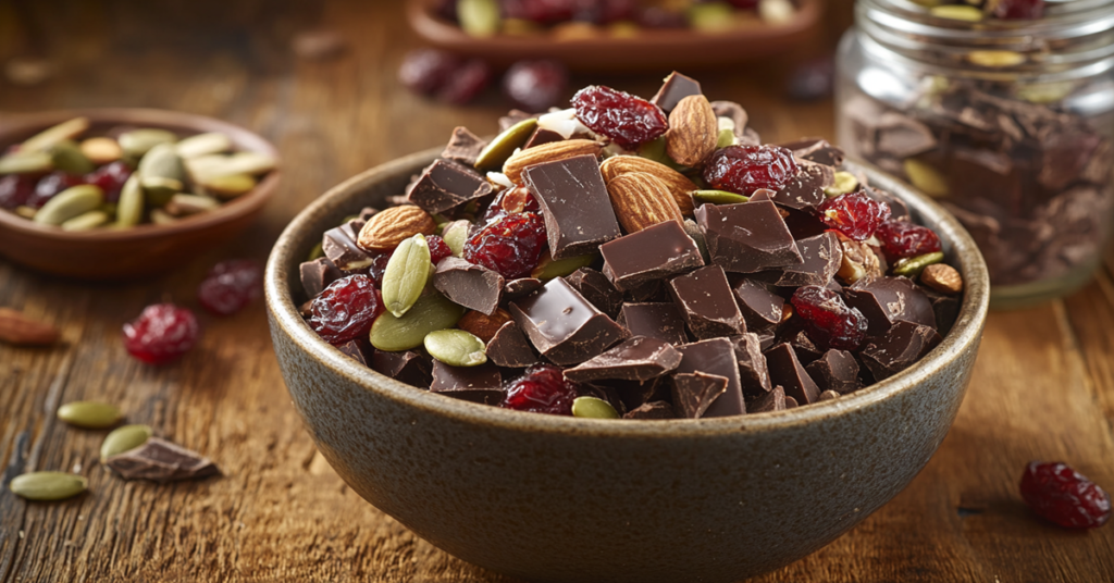 Dark chocolate almonds mixed with cranberries, pumpkin seeds, and coconut flakes in a rustic bowl.