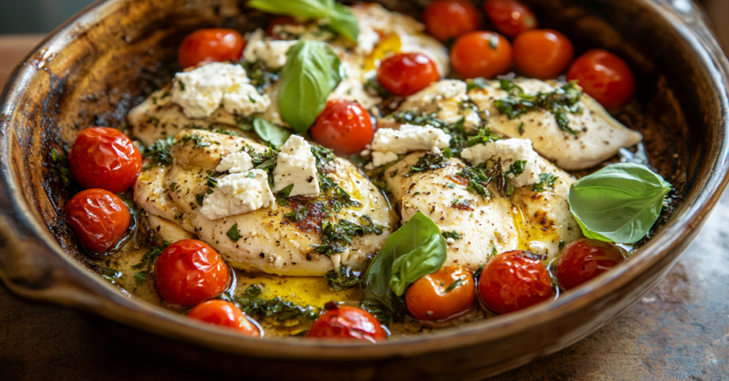 Baked feta chicken with cherry tomatoes, olive oil, and herbs in a rustic ceramic casserole dish.