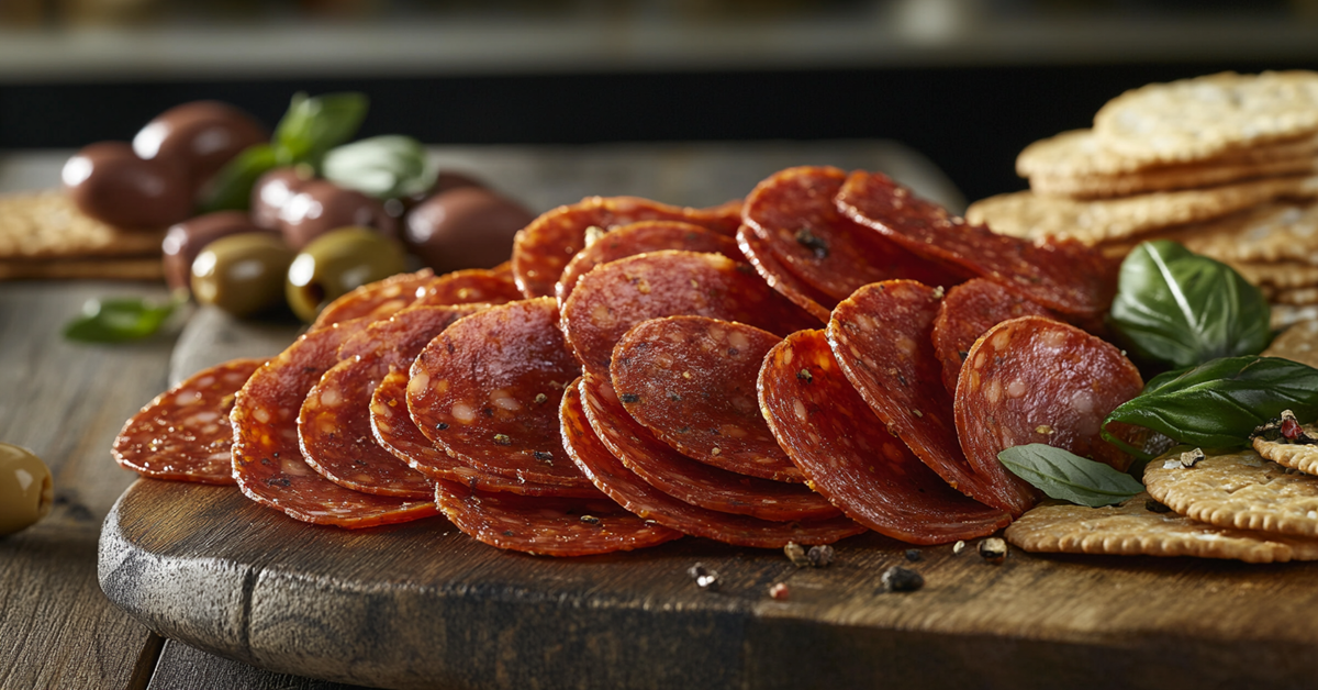 Thinly sliced halal beef pepperoni on a wooden board with olives, crackers, and fresh herbs.