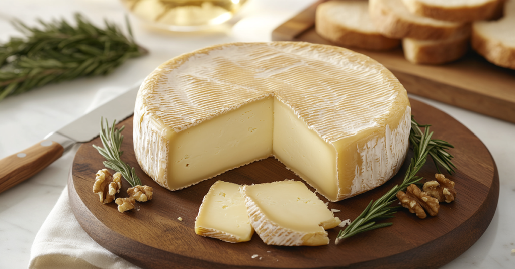 A rustic wheel of smoked Gouda with sliced wedges and a cheese knife, served on a wooden board with rosemary and walnuts.