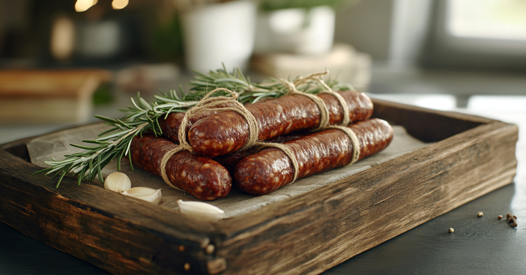 Freshly stuffed homemade beef sausages on a wooden tray, tied with butcher’s twine and garnished with rosemary and garlic.