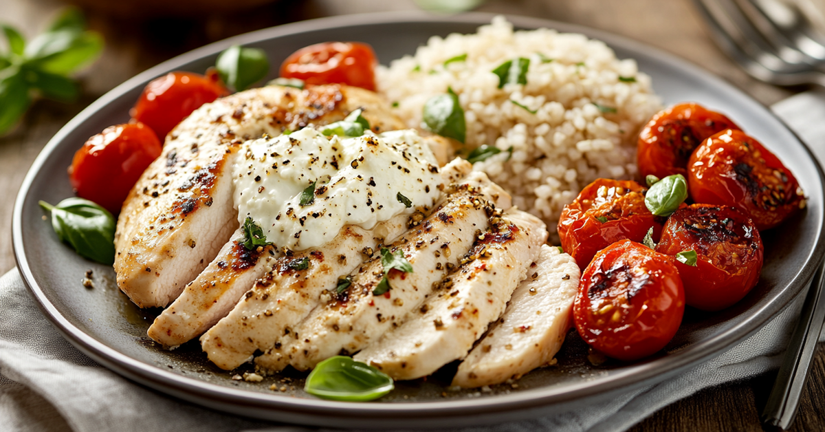 A plated serving of baked feta chicken with roasted tomatoes, basil, and a side of rice.